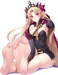  1girl anklet areola_slip asymmetrical_legwear averting_eyes bare_legs bare_shoulders barefoot black_dress black_legwear blonde_hair blush bow breasts cape cleavage covered_erect_nipples crossed_legs detached_collar detached_sleeves dress earrings ereshkigal_(fate) fate/grand_order fate_(series) feet foot_focus frown hair_bow hand_in_own_hair highres hoop_earrings jewelry legs long_hair medium_breasts necklace parted_bangs red_cape red_eyes ruton-niki shiny_skin simple_background sitting skull_necklace soles solo spine sweat tiara toes tohsaka_rin twintails two_side_up uneven_legwear white_background  rating:Questionable score:224 user:danbooru