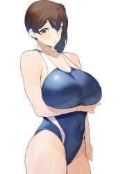  1girl alternate_costume blue_one-piece_swimsuit breasts brown_eyes brown_hair cleavage competition_swimsuit highleg highleg_swimsuit highres kaga_(kancolle) kantai_collection large_breasts long_hair mm_(yoromu) one-piece_swimsuit side_ponytail simple_background solo swimsuit two-tone_swimsuit white_background 