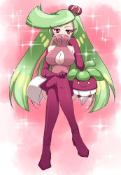  1girl boots bounsweet breasts cleavage cleavage_cutout clothing_cutout creatures_(company) crossed_legs crown elbow_gloves game_freak gen_7_pokemon gloves green_hair highres large_breasts long_hair looking_at_viewer mini_crown nintendo no_bra personification pokemon pokemon_(creature) pokemon_sm purple_eyes rickcodex sitting smile sparkle thigh_boots thighhighs tsareena very_long_hair  rating:Sensitive score:35 user:Tellurium