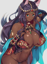 1girl animal_ears aqua_eyes bad_id bad_pixiv_id bare_shoulders belly black_gloves black_hair breasts bridal_gauntlets cat_ears circlet cleavage dark_skin dark-skinned_female elbow_gloves covered_erect_nipples fate/grand_order fate_(series) gloves highres huge_breasts leaning_forward long_hair looking_at_viewer navel parted_lips pink_background poko_chin queen_of_sheba_(fate) simple_background smile solo thighs rating:Questionable score:57 user:danbooru