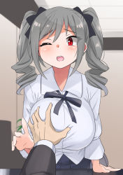 arm_support black_bow black_ribbon black_skirt blush bow grabbing_another&#039;s_breast breasts collared_shirt drill_hair furrowed_brow grabbing grey_hair hair_bow highres idolmaster indoors kanzaki_ranko large_breasts one_eye_closed open_mouth outstretched_hand pleated_skirt red_eyes ribbon shirt sidelocks skirt standing sweatdrop swept_bangs twin_drills upper_body white_shirt yuuichi_(reductionblack) rating:Questionable score:16 user:Sir_Cumalot