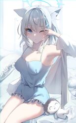 1girl absurdres animal_ear_fluff animal_ears armpits blue_archive blue_eyes blue_halo breasts character_doll chingo_(pixiv8584617) closed_mouth collarbone cross_hair_ornament doodle_sensei_(blue_archive) extra_ears grey_hair hair_ornament halo highres looking_at_viewer medium_hair one_eye_closed sensei_(blue_archive) shiroko_(blue_archive) small_breasts solo wolf_ears 