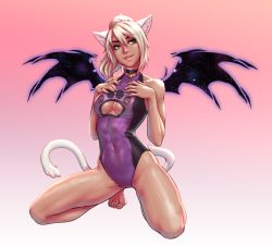 1girl animal_ears barefoot bat_wings bell blonde_hair borrowed_character breasts bunny_and_fox_world cameltoe cat_ears cat_tail choker clothing_cutout competition_swimsuit covered_navel eyeliner eyeshadow figgylicious full_body green_eyes jingle_bell kneeling legs lips lipstick makeup medium_breasts medium_hair mini_wings neck_bell one-piece_swimsuit original pink_background ponytail purple_one-piece_swimsuit sapphicneko_(sapphicneko) solo swimsuit tail thick_eyebrows toes underboob underboob_cutout wings rating:Questionable score:30 user:danbooru