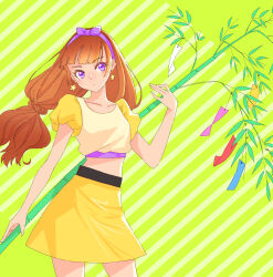  1girl amanogawa_kirara bamboo blunt_bangs branch brown_hair casual closed_mouth commentary cowboy_shot cropped_shirt earrings frown go!_princess_precure hairband highres holding holding_behind_back holding_branch jewelry jj_(ssspulse) long_hair looking_at_viewer midriff miniskirt precure puffy_short_sleeves puffy_sleeves purple_eyes purple_hairband shirt short_sleeves skirt solo standing star_(symbol) star_earrings tanabata tanzaku twintails yellow_shirt yellow_skirt 