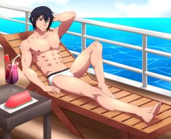  1boy abs absurdres black_hair catnappe143 deck_chair drink food fruit highres kazehaya_kamito male_focus muscular muscular_male nipples seirei_tsukai_no_blade_dance shiny_skin smile watermelon watermelon_slice  rating:Questionable score:3 user:visionary