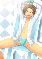  1boy :d absurdres aqua_bow aqua_male_underwear arms_up bound bound_wrists bow briefs brown_hair bulge chair checkered_background classic_fly_briefs collarbone commentary_request dress_shirt dutch_angle fang hair_intakes highres linea_alba long_sleeves looking_at_viewer male_focus male_underwear navel nervous_smile no_pants on_chair open_clothes open_mouth open_shirt original parted_bangs red_eyes shirt short_hair sitting smile solo spiked_hair spread_legs sweatdrop thick_eyebrows unbuttoned underwear white_shirt wide-eyed yuya_hytk 