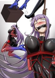  2girls absurdres arms_behind_back asagami_fujino ass bdsm bodysuit bondage bondage_outfit boots bound breasts corpse dozm_(txnmb) ero_guro execution eyebrows_hidden_by_hair fate/grand_order fate_(series) gag gagged gloves guro hanged highres kara_no_kyoukai large_breasts latex latex_bodysuit long_hair multiple_girls one_eye_closed open_mouth purple_hair red_eyes ryona saliva shibari tears thigh_boots yuri  rating:Questionable score:70 user:danbooru