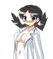  1girl black_hair blue_eyes blush breasts copo_deluxe creatures_(company) game_freak kris_(pokemon) nintendo open_clothes open_shirt pokemon shirt simple_background solo twintails  rating:Questionable score:25 user:theuserr