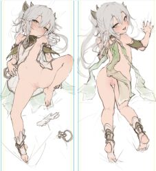 1girl ass blush bottomless cleft_of_venus commentary dakimakura_(medium) detached_sleeves dress female_focus flat_color full_body genshin_impact green_eyes hair_between_eyes hair_ornament half-closed_eyes hand_on_own_ankle holding_own_foot loli long_hair looking_at_viewer lying multiple_views nahida_(genshin_impact) naughty_face navel on_back on_stomach open_clothes open_dress pointy_ears pussy reien_fuukibu shoes side_ponytail sketch sleeveless sleeveless_dress smile stirrup_legwear toeless_legwear unworn_shoes unworn_socks waymay white_dress white_hair rating:Explicit score:571 user:danbooru