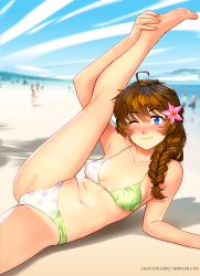 1girl ;) ahoge arm_up bare_arms bare_legs bare_shoulders barefoot beach bikini blue_eyes blue_sky blurry blurry_background blush braid breasts brooke_(mleth) brown_hair cameltoe cleft_of_venus collarbone commentary day english_commentary flexible flower freckles green_bikini hair_between_eyes hair_flower hair_ornament hair_over_shoulder hand_on_own_foot leg_up long_sleeves looking_at_viewer lying mleth multicolored_bikini multicolored_clothes navel on_ground one_eye_closed original outdoors paid_reward_available pink_bikini sand sky small_breasts smile solo_focus swimsuit twitter_username rating:Questionable score:148 user:danbooru