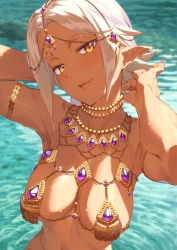  1girl :d armlet armpits bare_shoulders bikini blush breasts circlet dark-skinned_female dark_skin day elf gem gold head_tilt highres jewelry kinta_(distortion) looking_at_viewer micro_bikini necklace open_mouth original outdoors parted_bangs pointy_ears purple_gemstone revealing_clothes short_hair sidelocks smile solo stomach swimsuit wading wet white_hair yellow_eyes  rating:Questionable score:124 user:danbooru
