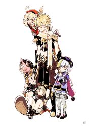  1boy 4girls aether_(genshin_impact) ahoge animal_ear_fluff animal_ears arm_armor armor arms_behind_head arms_up baggy_pants bandaged_hand bandages bead_necklace beads beret black_footwear black_gloves black_hat black_pants black_scarf black_shirt black_shorts blonde_hair blue_gemstone blush boots braid brown_footwear cape cat_ears cat_girl child chinese_clothes closed_mouth clover_print coin_hair_ornament diona_(genshin_impact) dress earrings fake_animal_ears fake_tail fishnets full_body gem genshin_impact gloves gold_trim gradient_clothes gradient_shirt green_eyes green_hair grey_thighhighs hair_between_eyes hair_ornament hand_up hat hat_feather hat_ornament highres holding holding_hands hood jacket jewelry klee_(genshin_impact) leaf leaf_on_head long_hair long_sleeves looking_at_another looking_down looking_to_the_side low_twintails mandarin_collar multicolored_clothes multicolored_shirt multiple_girls navel necklace necktie ofuda open_mouth orange_gloves orange_necktie orange_shirt pants pink_cape pink_eyes pink_hair pocket pom_pom_(clothes) pom_pom_hat_ornament puffy_long_sleeves puffy_sleeves purple_dress purple_hair qiqi_(genshin_impact) raccoon_ears raccoon_hood raccoon_tail red_dress red_eyes red_hat reimi0792 ribbon sandals sayu_(genshin_impact) scarf shirt shoes short_hair short_sleeves shorts shoulder_armor simple_background single_earring sitting smile standing star_(symbol) tail talisman tassel teeth thighhighs topknot twintails two-tone_dress v-shaped_eyebrows vision_(genshin_impact) white_background white_dress white_jacket white_scarf wide_sleeves yellow_dress yellow_eyes yellow_ribbon yellow_shirt 