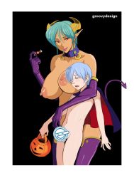 1boy 1girl 2020 artist_name bare_shoulders black_background blue_eyes blue_hair border breast_rest breasts candy cape carrera censored collar dark_skin demon_girl demon_horns demon_tail elbow_gloves food gloves green_hair groovydesign hair_over_one_eye halloween highres holding holding_candy holding_food horns huge_breasts kiese_(viper) laughing_man_(gits) licking licking_lips lips navel nipples nude open_mouth penis_grab pointy_ears pumpkin_bag purple_gloves red_eyes short_hair shota simple_background size_difference smile tail thighhighs thighs tongue tongue_out viper viper_gtb viper_gts white_border  rating:Explicit score:88 user:Blookryynnn