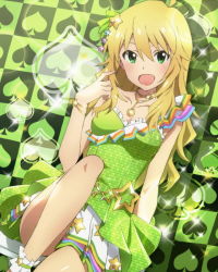  10s 1girl artist_request blonde_hair blush dress green_background green_dress green_eyes hair_ornament hoshii_miki idolmaster idolmaster_(classic) idolmaster_million_live! jewelry long_hair lots_of_jewelry necklace official_art open_mouth smile solo spade sparkle star_(symbol) star_hair_ornament  rating:Sensitive score:8 user:danbooru