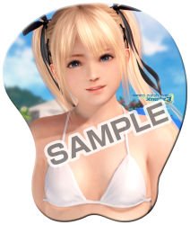  1girl 3d bikini blonde_hair blue_eyes breasts dead_or_alive dead_or_alive_xtreme_3_fortune dead_or_alive_xtreme_beach_volleyball marie_rose mousepad mousepad_(object) official_art original outdoors sky small_breasts solo swimsuit  rating:Sensitive score:7 user:mald