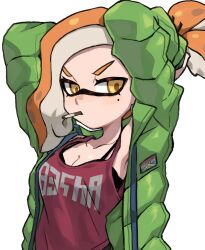  1girl absurdres breasts cigarette cleavage collarbone commentary green_jacket highres ikachan_pochan inkling inkling_girl inkling_player_character jacket medium_hair mole mole_under_eye nintendo open_clothes open_jacket orange_hair print_tank_top red_tank_top short_ponytail simple_background solo splatoon_(series) splatoon_3 symbol-only_commentary tank_top tentacle_hair upper_body v-shaped_eyebrows white_background yellow_eyes 