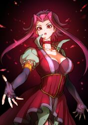  1girl absurdres breasts brown_eyes choker cleavage collarbone elbow_gloves fingerless_gloves flower gloves highres izayoi_aki jewelry large_breasts long_hair looking_at_viewer necklace open_mouth petals red_hair rose rose_petals solo youko-shima yu-gi-oh! yu-gi-oh!_5d&#039;s 