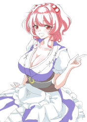  0002koko 1girl absurdres breasts cleavage collarbone dress frilled_dress frilled_kimono frills highres japanese_clothes kimono large_breasts looking_at_viewer onozuka_komachi open_mouth puffy_short_sleeves puffy_sleeves red_eyes red_hair short_sleeves simple_background smile solo touhou two_side_up white_background  rating:Sensitive score:2 user:danbooru