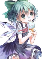1girl :q aqua_eyes aqua_hair bad_id bad_pixiv_id bow cirno food food_on_face hair_bow hair_ribbon holding ice ice_cream ice_cream_cone ice_cream_on_face ice_wings looking_at_viewer opopowa ribbon short_hair simple_background smile solo tongue tongue_out touhou white_background wings rating:Sensitive score:3 user:danbooru