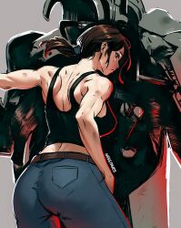  1girl armor artist_name bare_shoulders belt black_hair black_tank_top brown_belt fallout_(prime_video) fallout_(series) from_side grey_background lucy_maclean miss_faves muscular muscular_female pants ponytail power_armor solo tank_top 