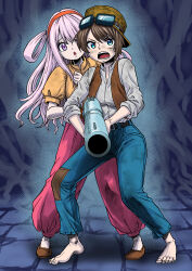 2girls absurdres baggy_pants barefoot blue_eyes blue_pants breasts brown_hair brown_headwear brown_vest commentary_request cosplay denim dirty dirty_clothes dirty_face goggles goggles_on_headwear hat highres himemori_luna holding holding_rocket_launcher holding_weapon hololive jeans long_hair medium_breasts multiple_girls oozora_subaru pants pazu pazu_(cosplay) pink_hair puffy_short_sleeves puffy_sleeves purple_eyes rocket_launcher sheeta sheeta_(cosplay) short_hair short_sleeves single_hair_ring takayama_akira tenkuu_no_shiro_laputa triangle_mouth vest virtual_youtuber weapon