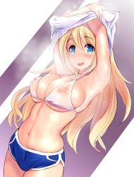 1girl arm_up armpits arms_up atago_(kancolle) blonde_hair blue_shorts breasts cowboy_shot green_eyes highres kantai_collection large_breasts long_hair looking_at_viewer navel nipples puffy_nipples purple_background see-through short_shorts shorts solo steam sweat two-tone_background undressing wa_(genryusui) white_background rating:Questionable score:29 user:danbooru