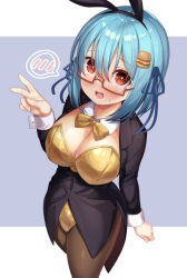  1girl animal_ears blue_hair blush borrowed_character bow bowtie breasts burger_hair_ornament cleavage commentary_request detached_collar fake_animal_ears food-themed_hair_ornament glasses hair_ornament hamburger-chan_(hundredburger) jacket leotard looking_at_viewer medium_breasts original pantyhose playboy_bunny rabbit_ears red-framed_eyewear red_eyes semi-rimless_eyewear smile solo strapless strapless_leotard sweat to_kifa v yellow_leotard 