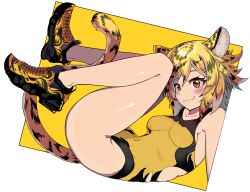1girl animal_ears animal_print ass bare_shoulders blush breasts highres looking_at_viewer navel one-piece_swimsuit original red_eyes ryuu_tou shoes short_hair smile sneakers solo swimsuit tail tiger_ears tiger_girl tiger_print tiger_tail
