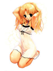  1girl adjusting_hair armpits arms_up blonde_hair blue_eyes blush breasts chemise covered_erect_nipples covered_navel female_pubic_hair floralia hands_up highres kneeling lingerie long_hair masaharu medium_breasts mouth_hold nipples pubic_hair revealing_clothes sannomiya_yukari see-through seiza shirt sitting solo taut_clothes taut_shirt underwear  rating:Questionable score:42 user:danbooru