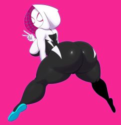  1girl ass bent_over bodysuit breasts eric_lowery gwen_stacy highres hood huge_ass looking_at_viewer looking_back marvel mask pink_background sideboob solo spider-gwen spider-man:_into_the_spider-verse spider-man_(series) spider-verse spider_web_print superhero_costume thick_thighs thighs v  rating:Questionable score:65 user:JustHere4Tits