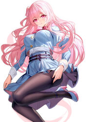  1girl blue_footwear blue_jacket blue_skirt breasts brown_pantyhose closed_mouth commentary emily_stock hair_between_eyes high_heels highres jacket knees_together_feet_apart long_hair looking_at_viewer medium_breasts one_side_up original pantyhose pink_hair pleated_skirt purple_eyes ririko_(zhuoyandesailaer) shirt simple_background skirt smile solo thighband_pantyhose very_long_hair white_background white_shirt 
