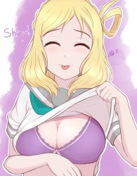 10s 1girl 2018 absurdres artist_name blonde_hair bra braid breasts cleavage clothes_lift dated english_text closed_eyes highres large_breasts lifting_own_clothes love_live! love_live!_sunshine!! medium_hair ohara_mari purple_bra ratofdrawn school_uniform shirt_lift smile solo tongue tongue_out underwear upper_body uranohoshi_school_uniform
