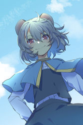  1girl animal_ears blue_capelet blue_sky capelet closed_mouth cloud from_above from_below grey_hair grey_skirt grey_vest hand_on_own_hip highres long_sleeves mouse_ears mouse_girl nayozane_(worker7) nazrin one-hour_drawing_challenge outdoors red_eyes shirt short_hair skirt sky smile solo touhou vest white_shirt  rating:Sensitive score:6 user:danbooru