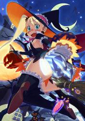  1girl ass blonde_hair blue_eyes boots broom broom_riding candy crescent_moon earrings fangs food frills halloween hat highres ishikawa_hideki jack-o&#039;-lantern jack-o&#039;-lantern_earrings jewelry legs moon night open_mouth original panties ponytail print_panties pumpkin side_ponytail solo striped_clothes striped_panties surprised tears thighhighs underwear witch witch_hat  rating:Questionable score:28 user:danbooru