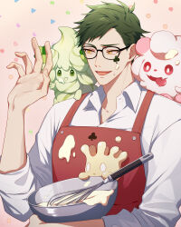  13_(bbr584607091) 1boy alcremie alcremie_(matcha_cream) apron batter bowl clover_facial_mark commentary creatures_(company) crossover drooling facial_mark food food_on_face game_freak gen_6_pokemon gen_8_pokemon glasses green_hair highres male_focus milcery nintendo open_mouth patterned_background pink_background pokemon red_apron red_eyes shirt sleeves_rolled_up smile swirlix symbol-only_commentary tongue tongue_out trey_clover twisted_wonderland upper_body whisk white_shirt yellow_eyes 