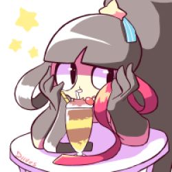  1girl artist_name black_eyes black_hair cherry creatures_(company) cup diives drink drinking drinking_glass drinking_straw female_focus food food_focus fruit game_freak gen_3_pokemon glass hands_on_own_face hands_up head_rest ice_cream looking_to_the_side lowres mawile nintendo no_humans pokemon pokemon_(creature) pokemon_rse red_ribbon ribbon signature simple_background sitting solo star_(symbol) sundae table text_focus upper_body white_background  rating:Sensitive score:6 user:AngryZapdos