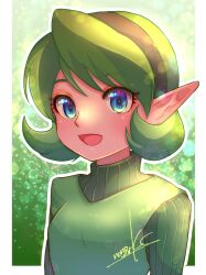  green_background green_eyes green_hair green_hairband hairband highres kokiri looking_at_viewer nintendo nonoworks open_mouth pointy_ears saria_(zelda) smile the_legend_of_zelda the_legend_of_zelda:_ocarina_of_time tunic turtleneck 