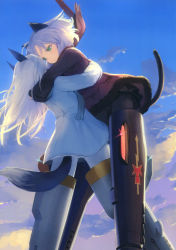  2girls absurdres animal_ears black_legwear black_skirt blue_coat cat_ears cat_tail character_name cloud coat day eila_ilmatar_juutilainen fox_ears fox_tail glint green_eyes highres hug long_hair long_sleeves maroon_scarf miniskirt multiple_girls mutual_hug non-web_source official_alternate_costume official_art outdoors page_number pantyhose pleated_skirt red_coat sanya_v._litvyak scan scarf shimada_fumikane short_hair silhouette silver_hair skirt sky sparkle strike_witches striker_unit sunset tail white_legwear world_witches_series  rating:Sensitive score:10 user:danbooru