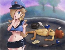 2girls accident black_shorts blue_eyes blue_top bodysuit breasts brown_hair crash crown earrings full_body gloves hair_over_one_eye hat jeans_shorts jewelry large_breasts looking_at_another mario_(series) mario_kart multiple_girls nintendo orange_gloves pink_lips police police_hat police_uniform policewoman princess_daisy purple_clouds rosalina saf-404 shiny_skin shorts sideboob star_(symbol) star_earrings tree uniform worried yellow_bodysuit