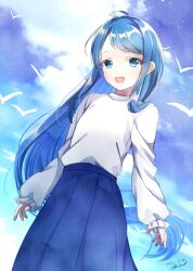  1girl :d absurdres alternate_costume bird blue_eyes blue_hair blue_skirt blue_sky chisamikan dated highres kantai_collection long_hair long_sleeves looking_at_viewer open_mouth outdoors samidare_(kancolle) seagull shirt skirt sky smile solo standing very_long_hair white_shirt 
