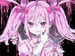  1girl aegyo_sal black_background blush bow collar gloves hair_bow hatsune_miku highres hiro_0607 holding holding_wand light_blush looking_at_viewer magical_girl mahou_shoujo_to_chokorewito_(vocaloid) melting parted_lips pink_hair pink_theme solo twintails vocaloid wand white_gloves wings 