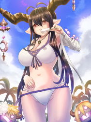 1girl antenna_hair bandages bikini bikini_bottom_only black_hair blonde_hair breasts cleavage cloud danua day food from_below glowing glowing_eyes granblue_fantasy groin hair_between_eyes hair_over_shoulder hand_up highres hip_focus holding_food holding_ice_cream horns ice_cream jewelry large_breasts legs long_hair looking_at_viewer navel necklace outdoors palm_tree pendant pointy_ears popsicle red_eyes side-tie_bikini_bottom sky standing string_bikini swimsuit thighs tree white_bikini wide_hips yachi_(fujiyasu0616) rating:Sensitive score:14 user:Ynyswydryn