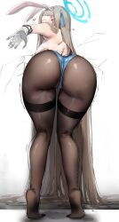  1girl animal_ears ass ass_focus asuna_(blue_archive) asuna_(bunny)_(blue_archive) bare_back bent_over black_pantyhose blue_archive blue_leotard commentary female_focus from_behind full_body gloves halo heart highres kneepits leaning_forward leotard long_hair official_alternate_costume pantyhose playboy_bunny poharo rabbit_ears rabbit_tail reach-around soles solo steam tail thigh_gap thighs tiptoes trembling white_gloves  rating:Questionable score:85 user:danbooru