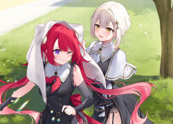 2girls :d back_bow black_dress black_sleeves blush bow breasts capelet curled_horns detached_sleeves dress garter_straps grass grey_hair highres horns kisaragi_yuri long_hair medium_breasts multiple_girls novel_illustration official_art one_eye_closed open_mouth outdoors purple_eyes red_bow seijo-sensei_no_mahou_wa_susunderu! short_hair side_slit smile towel towel_on_head tree twintails very_long_hair white_capelet