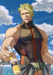 1boy absurdres achilles_(fate) against_railing alcohol beer beer_bottle black_shirt blue_sky bottle brown_eyes clothes_around_waist corona_(brand) covered_abs fate/grand_order fate_(series) fingernails green_hair haruakira highres holding holding_bottle jacket jacket_around_waist male_focus mature_male muscular muscular_male one_eye_closed open_mouth outdoors pectorals railing shirt skin_tight sky sleeveless sleeveless_shirt solo spiked_hair teeth turtleneck undercut upper_teeth_only rating:Sensitive score:1 user:danbooru