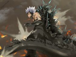  1boy absurdres crossover elfman_strauss explosion fairy_tail flatpancakesjim godzilla godzilla_(series) godzilla_minus_one highres kaijuu long_tail looking_at_viewer looking_back monster muscular muscular_male simple_background tail toho white_hair 