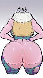  1girl ashido_mina ass blackwhiplash bodysuit boku_no_hero_academia character_name colored_skin cropped curvy from_behind highres huge_ass pink_skin simple_background solo thick_thighs thighs third-party_edit torn_clothes vest wide_hips  rating:Explicit score:78 user:JustHere4Butts