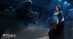  1girl aircraft airplane belt black_hair breasts brown_belt brown_legwear brown_pants cannon cleavage cockpit corvette federation_(star_conflict) fighter_(star_conflict) fighter_jet fingerless_gloves flying from_side gloves grey_eyes hangar highres indoors jet leaning_back logo looking_at_viewer looking_to_the_side machinery medium_breasts medium_hair midriff military military_vehicle navel pants realistic science_fiction smoke solo spacecraft spaceship standing star_conflict starfighter tackler_fighter_(star_conflict) tattoo turret 