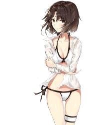  1girl bikini breasts brown_eyes brown_hair cleavage collarbone kara_no_kyoukai looking_at_viewer medium_breasts ryougi_shiki shirt short_hair solo standing swimsuit wet wet_clothes wet_shirt white_background  rating:Questionable score:7 user:tokyotomare