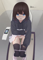 1girl black_hair blue_eyes blush clothes_lift highres kanekan lifting_own_clothes loli looking_at_viewer open_mouth original panties panty_pull peeing pussy sitting skirt skirt_lift solo toilet toilet_use uncensored underwear rating:Explicit score:202 user:akarin_akari